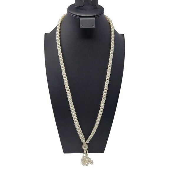 Vintage Faux Pearl Intricate Woven Opera Necklace Pearl Tassel Pendant Statement - Picture 1 of 8